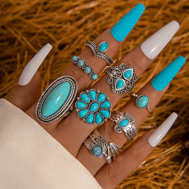 Wholesale Vintage Antique Turquoise Inlaid Exaggerated Ring suit Flower Crown Leaves Eagle Joint Ring Eight-piece Set